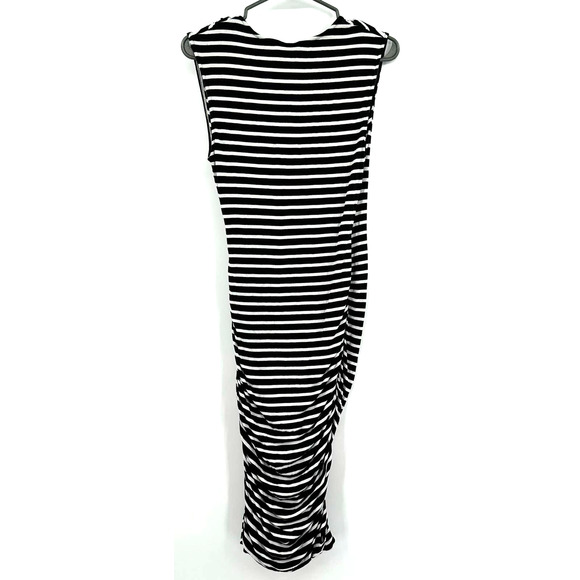 Mossimo size small black white striped fitted v neck dress midi ruched - Picture 2 of 6